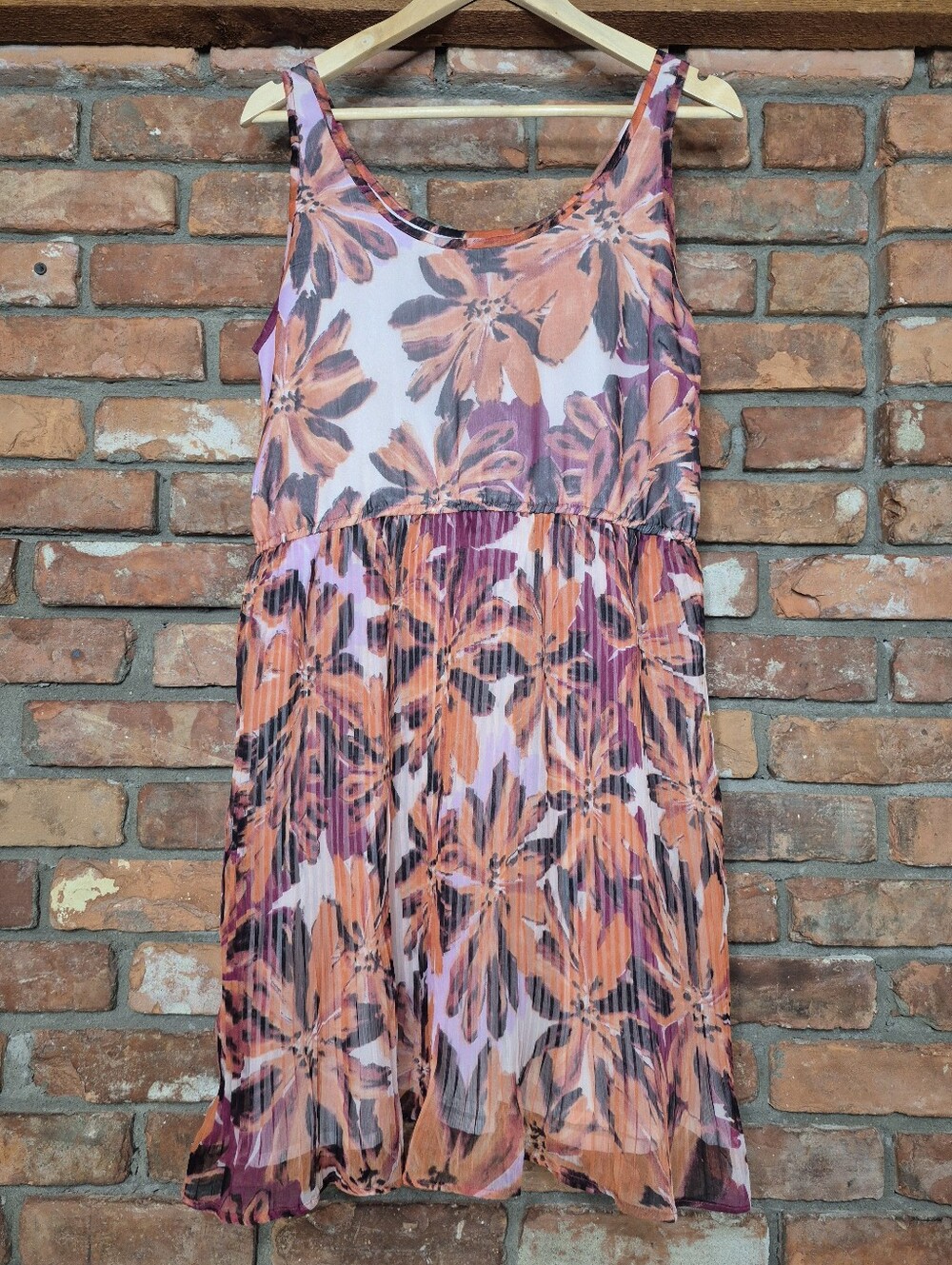 Cream Soda Large Floral Pleated Chiffon Dress Orange Pink Sleeveless